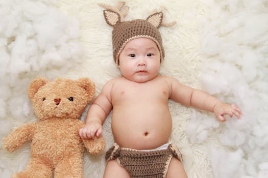 Cute baby posing with a teddy bear in a knitted outfit, exuding charm and innocence.